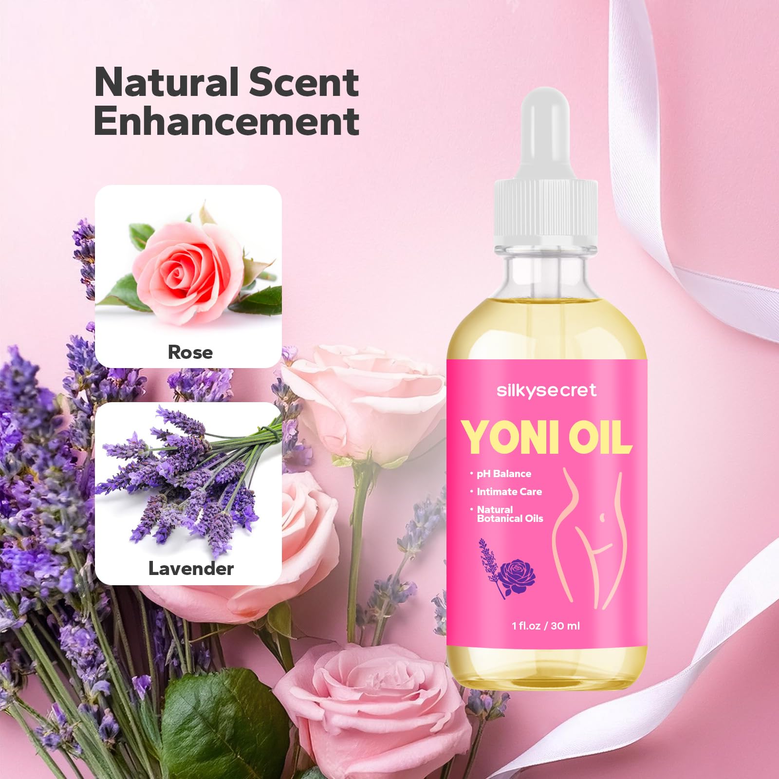 SilkySecret Yoni Oil rose-lavender fragrance for lasting freshness.