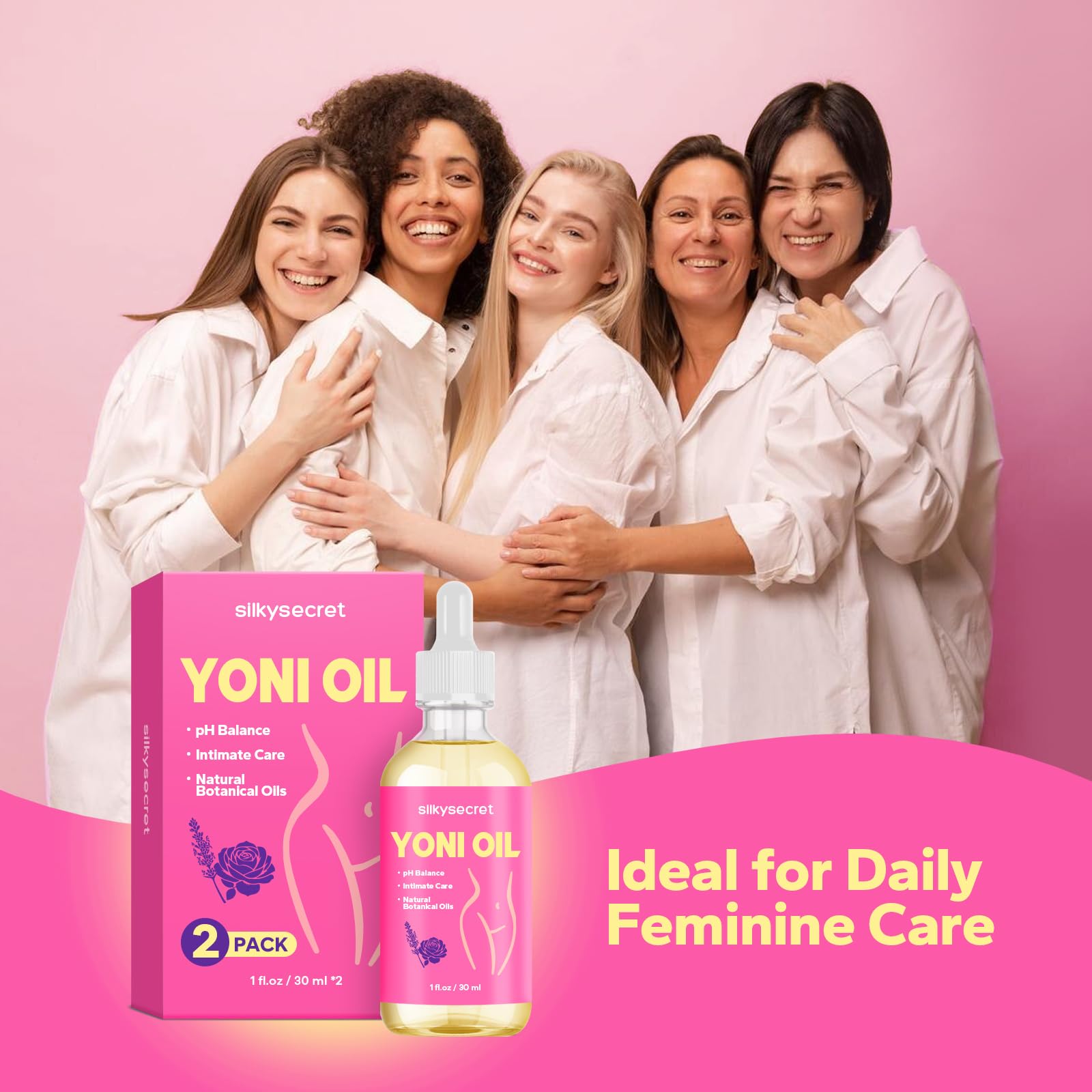 SilkySecret Yoni Oil with rose petals illustrates scent-infused care.