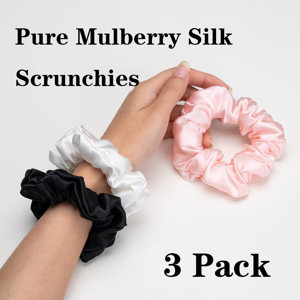 Silmer Silk Scrunchies closeup shows mulberry-silk texture for hair-friendly wear.