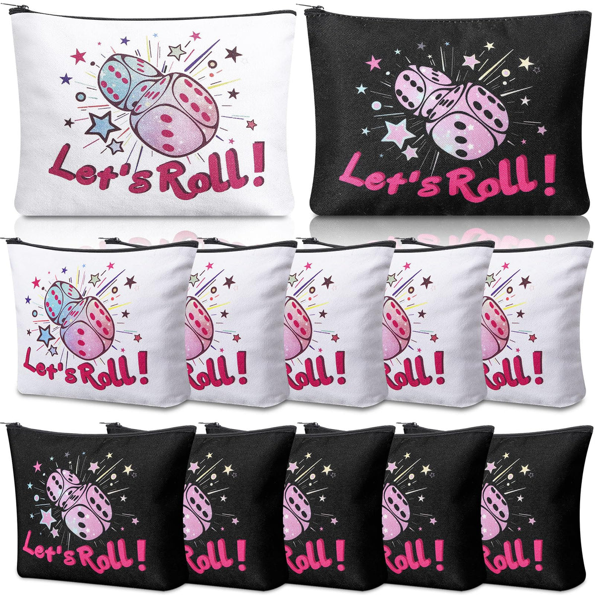 SilTriangle 12-pcs bunco makeup bags set with Lets Roll design for party favors.