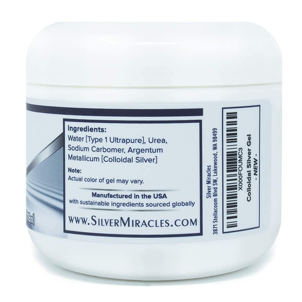 Silver Miracles colloidal-silver-gel texture close-up showing clean, paraben-free formula.