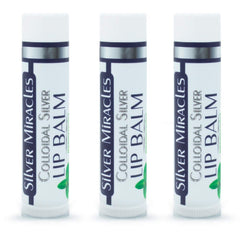 Silver Miracles lip balm ingredients close-up highlights 99.99% colloidal silver and natural emollients.