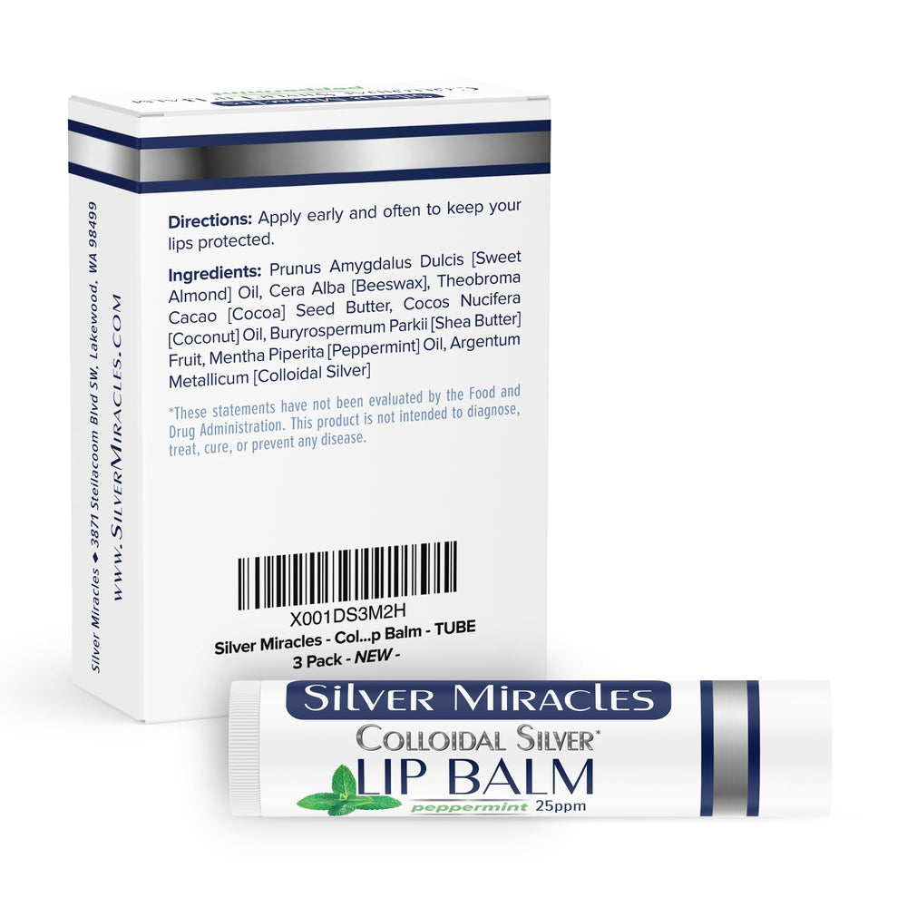 Silver Miracles colloidal silver lip balm tube pack back reveals alcohol-free formula for clean lip care.