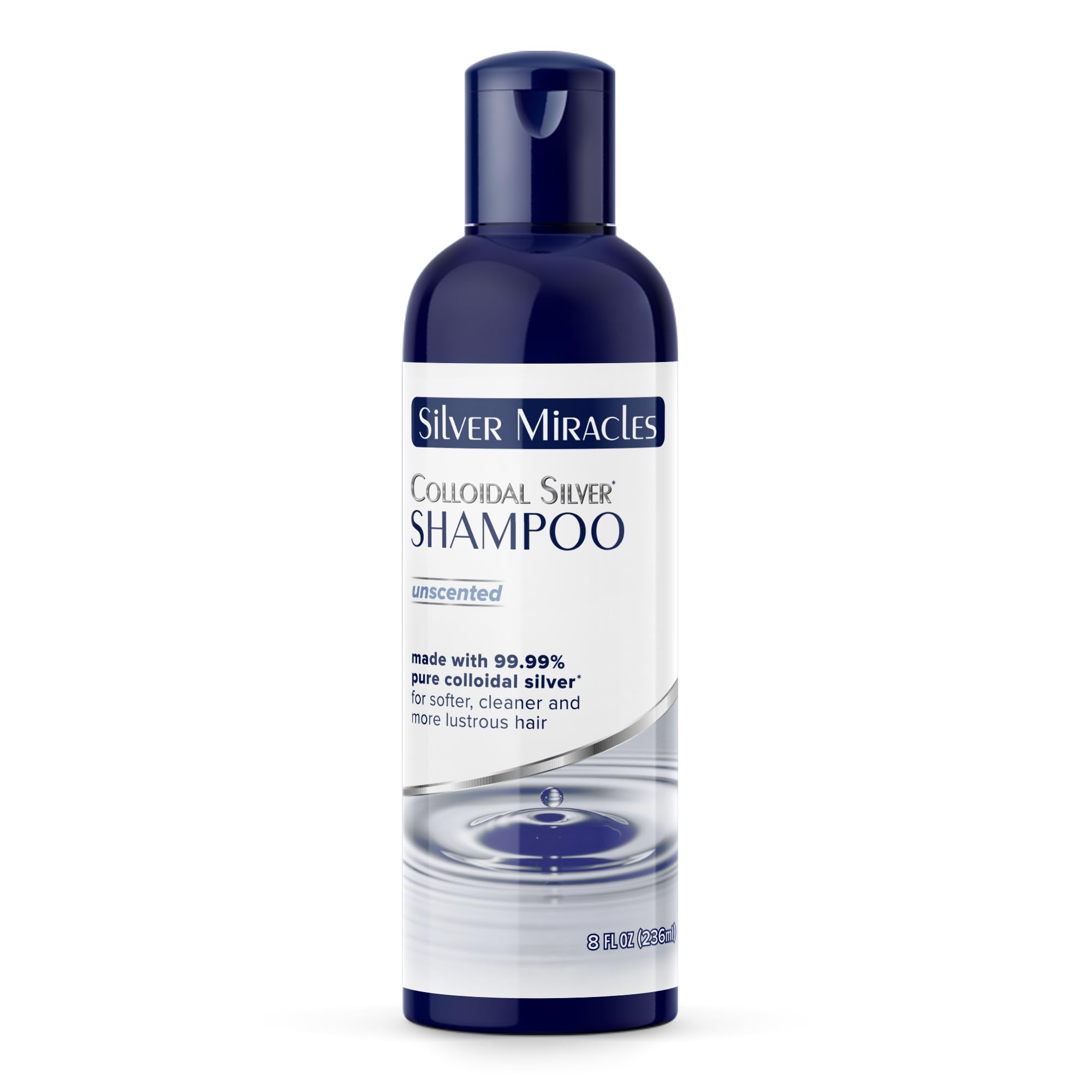 Silver Miracles Colloidal Silver Shampoo bottle view shows gentle cleansing for scalp comfort.