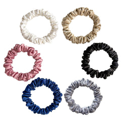 Silvr Bear satin scrunchies pack of 6 colors, versatile hair ties for daily outfits.