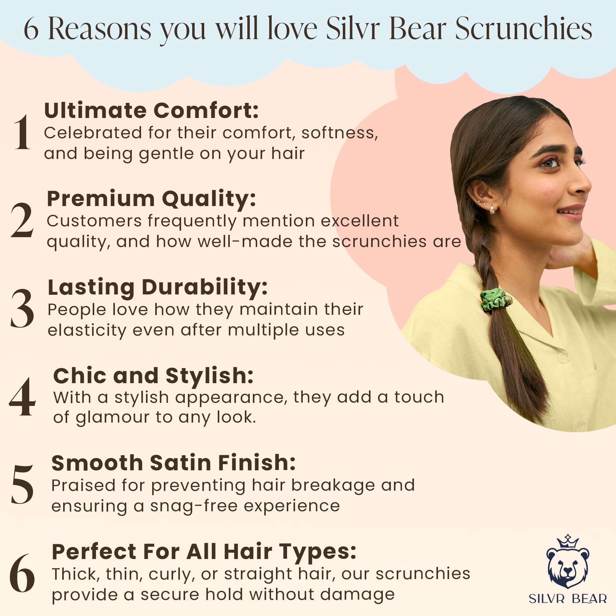 Silvr Bear satin scrunchies soft-glide close-up – gentle on hair for everyday use