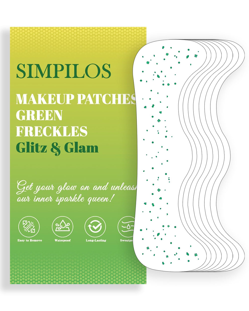 Simpilos Green Face Glitter packaging — ready-to-gift eight sheets for party sparkle.