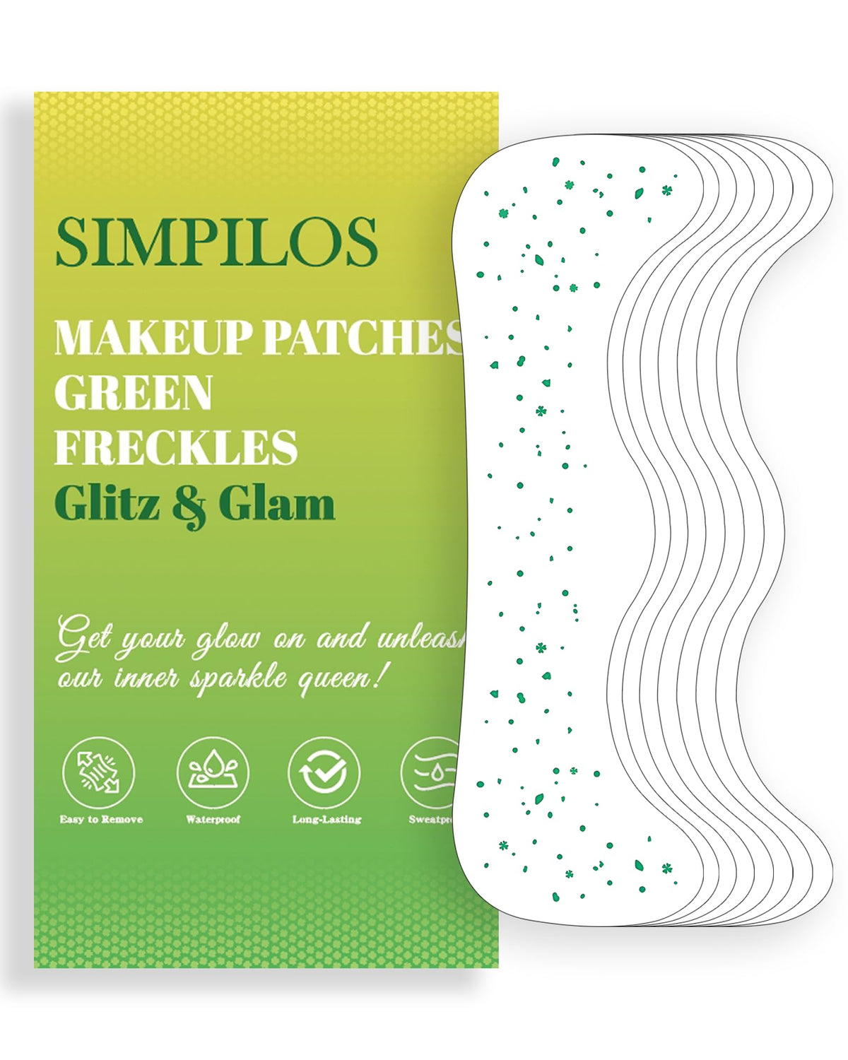 Simpilos Green Face Glitter packaging — ready-to-gift eight sheets for party sparkle.