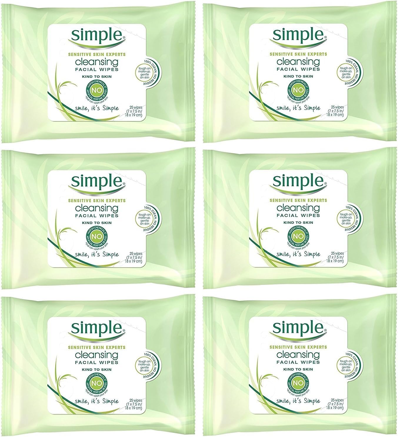 Simple Cleansing Facial Wipes 6-pack front promotes quick, gentle cleansing for sensitive skin.