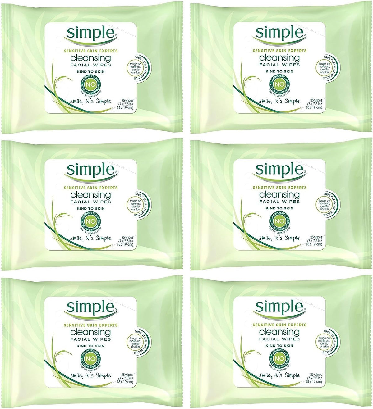 Simple Cleansing Facial Wipes 6-pack front promotes quick, gentle cleansing for sensitive skin.