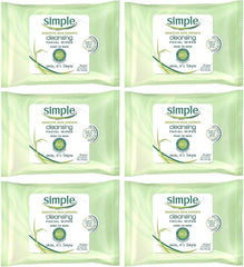 Simple Cleansing Facial Wipes 6-pack front promotes quick, gentle cleansing for sensitive skin.