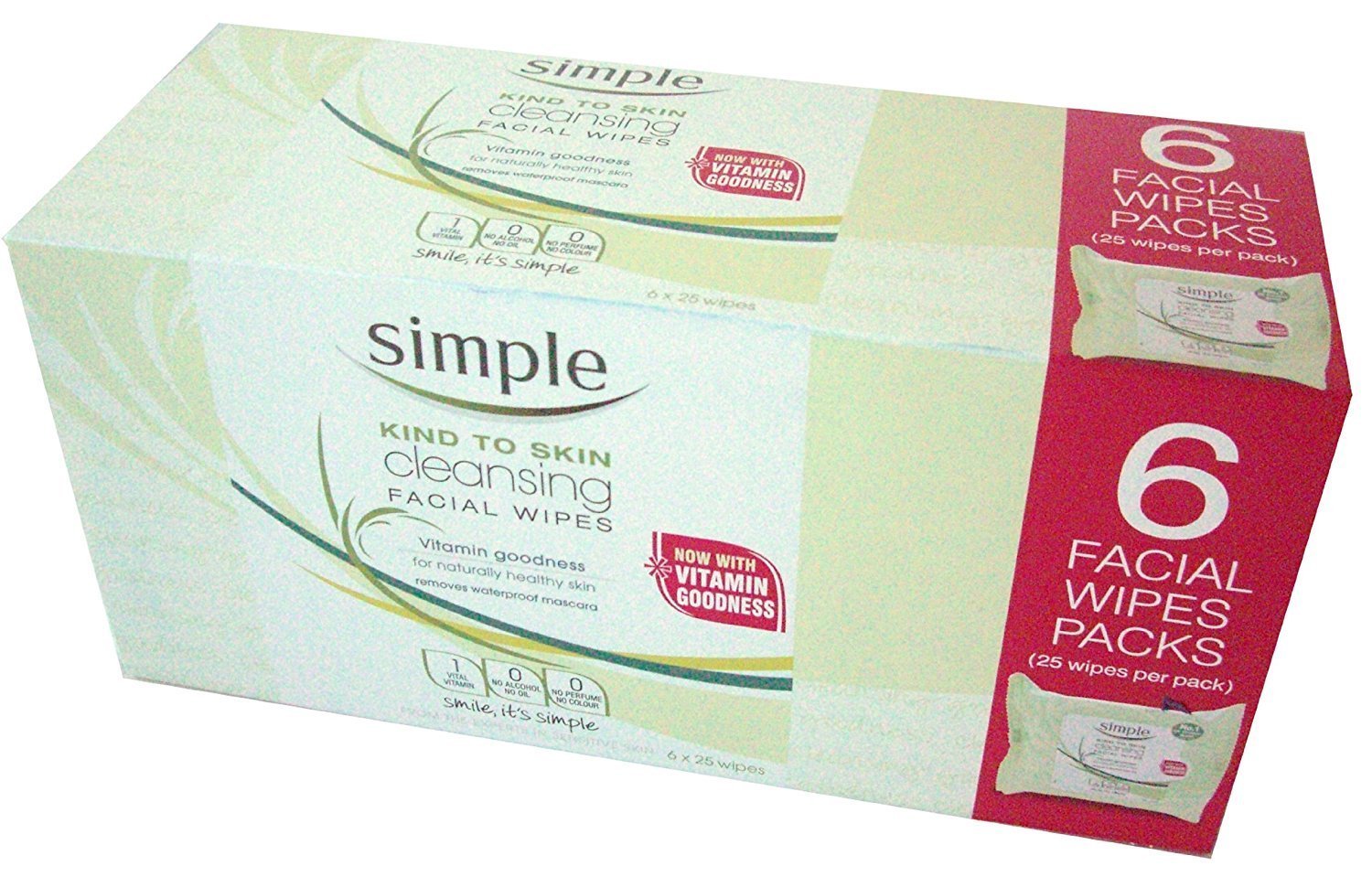 Simple Cleansing Facial Wipes box edition promoting gentle cleansing and hydration.