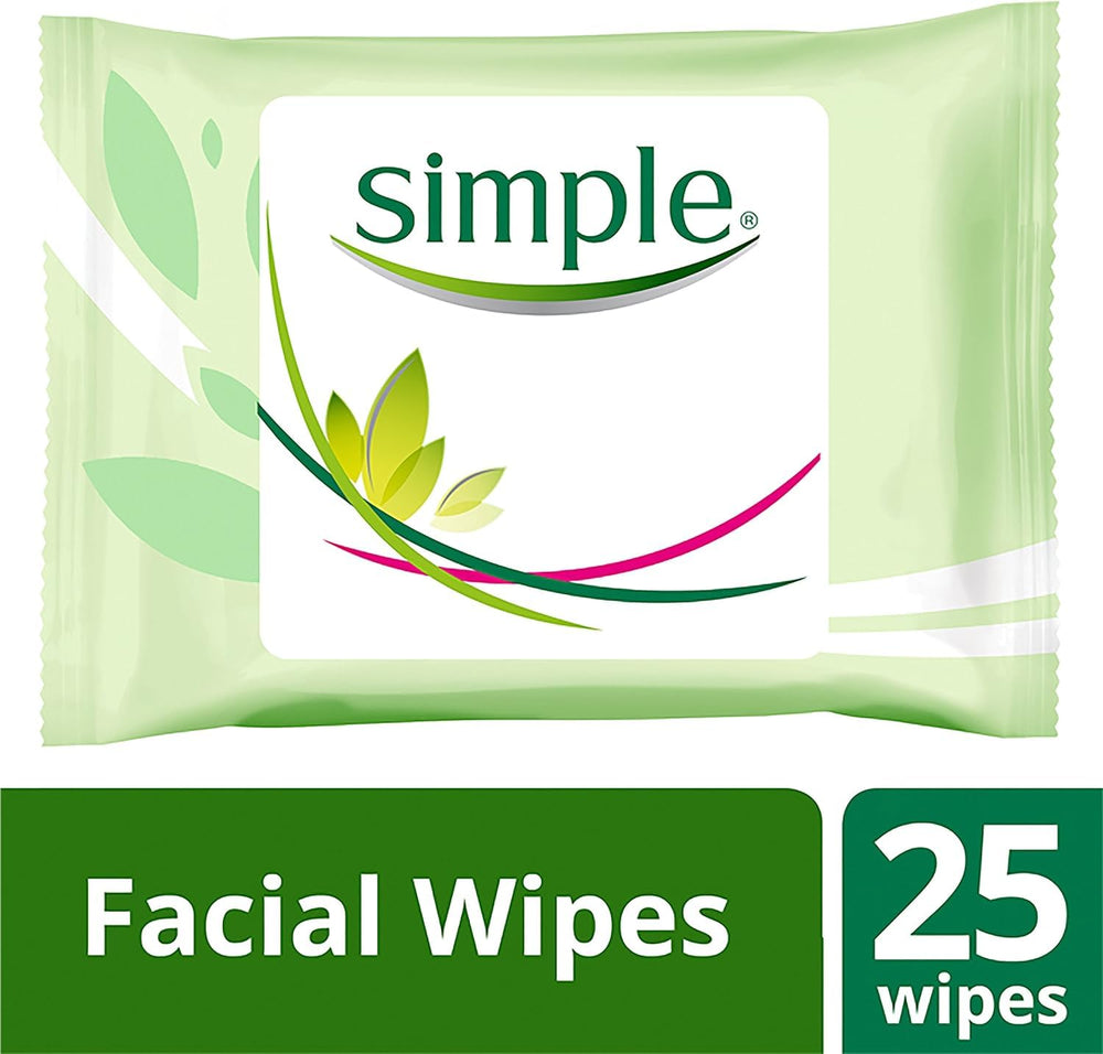 Simple Cleansing Facial Wipes pack back label shows fragrance-free formula suitable for sensitive skin.
