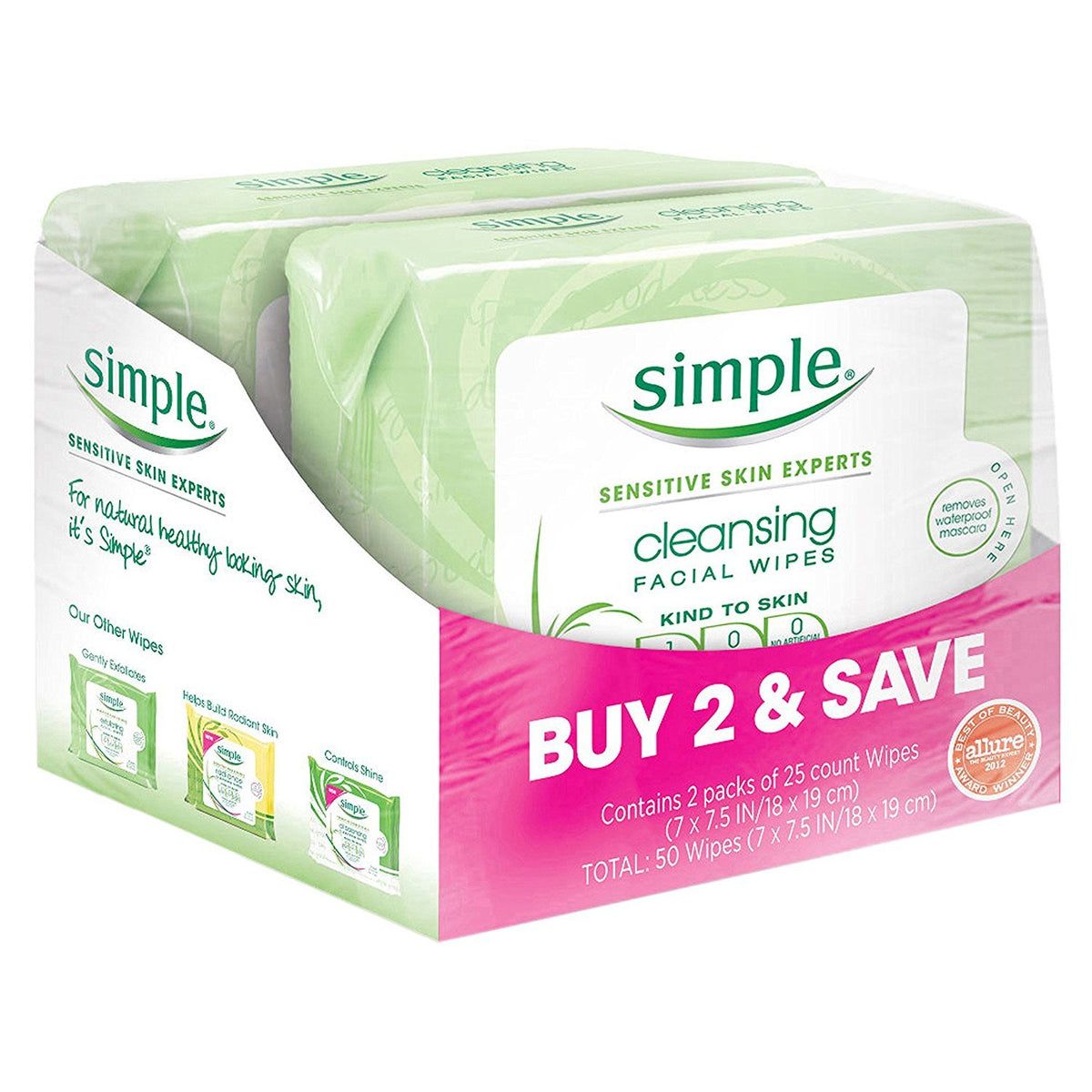 Simple Cleansing Facial Wipes Twin Pack front view for quick on-the-go refresh