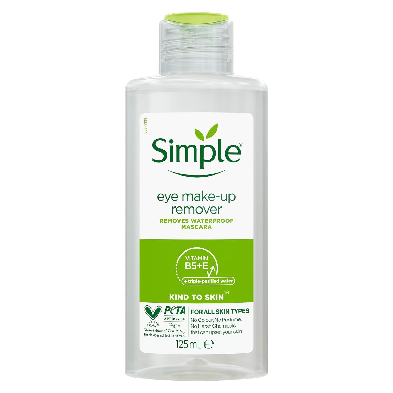 Simple Kind To Eyes 125ml bottle demonstrates gentle makeup removal for sensitive eyes.