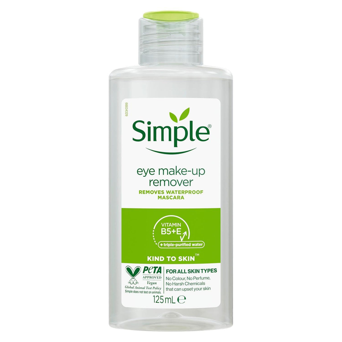 Simple Kind To Eyes 125ml bottle demonstrates gentle makeup removal for sensitive eyes.