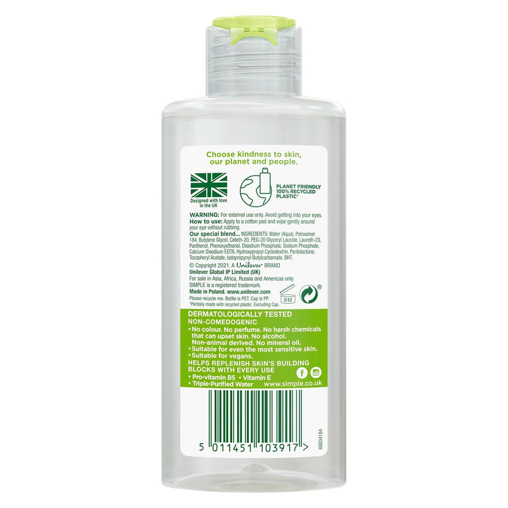 Simple Kind To Eyes 125ml bottle with closed-cap shows travel-friendly, leak-proof design.