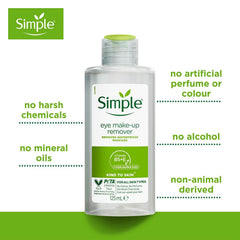 Simple Kind To Eyes remover eye-area application illustrates gentle cleansing around eyes.