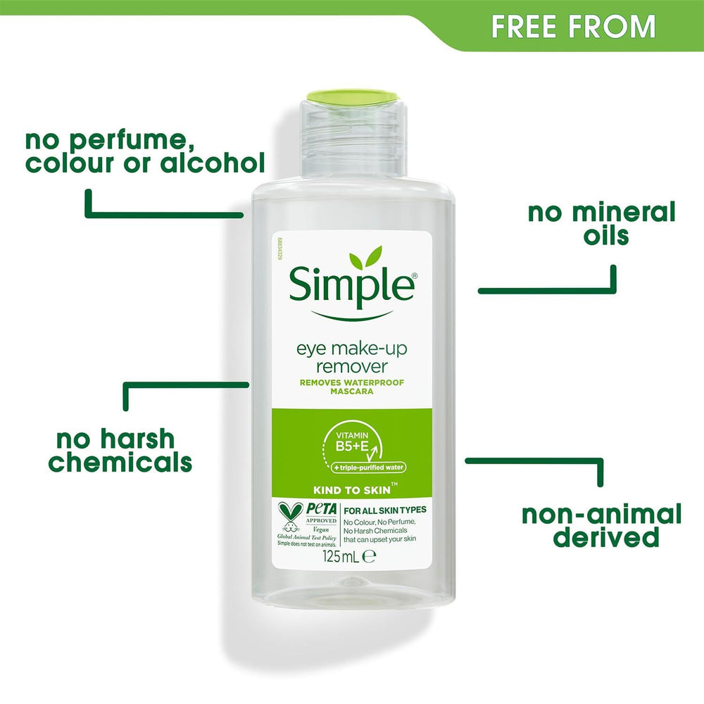 Simple Kind To Eyes waterproof-mascara removal demonstrates effective cleansing around lashes.