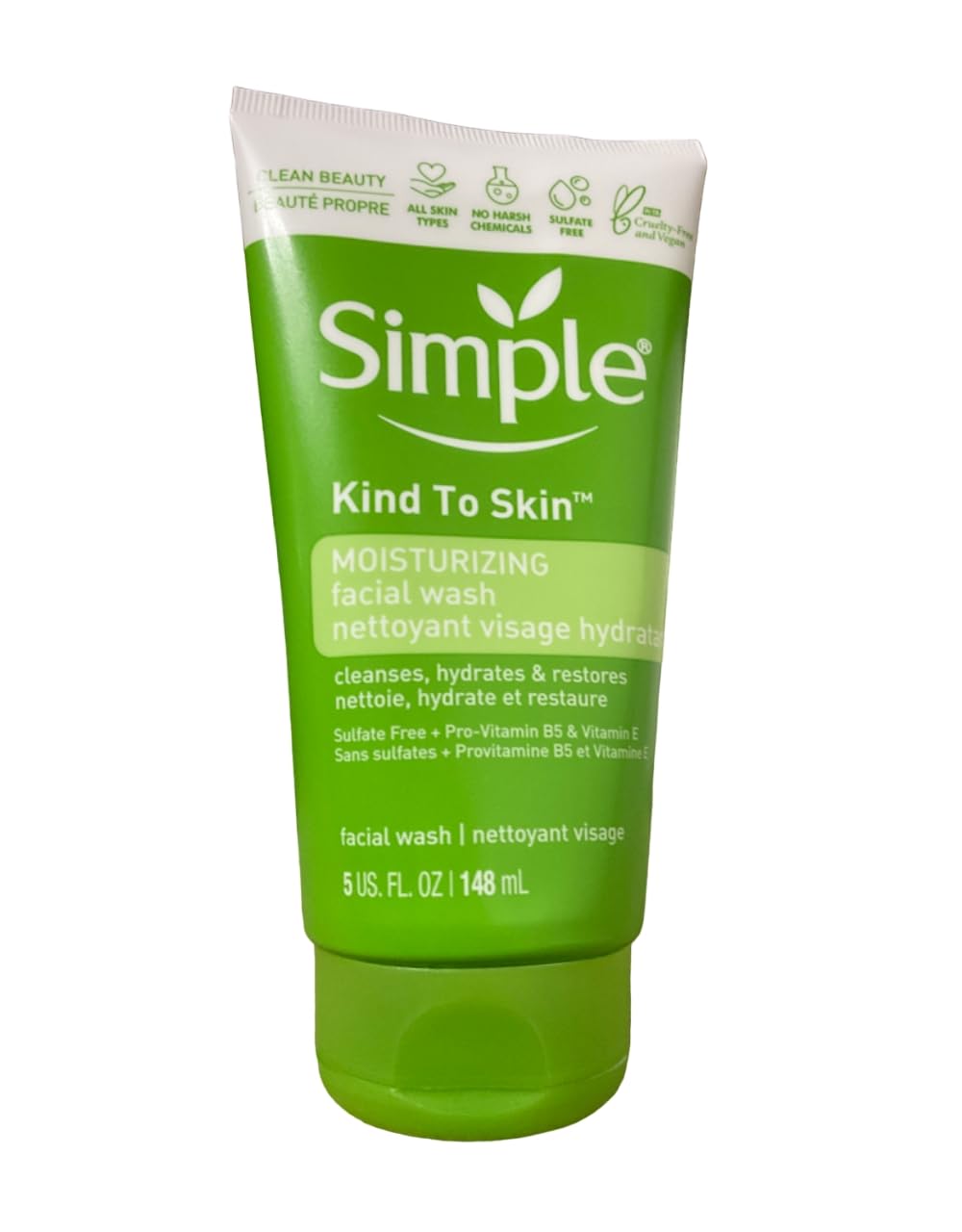Simple Kind to Skin moisturising facial wash bottle pour demonstrates gentle daily cleansing for sensitive skin.