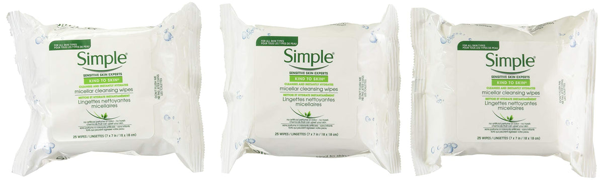 Simple Micellar Makeup Remover Wipes 3-pack front view for easy on-the-go cleansing