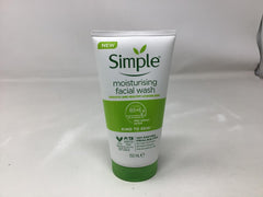 Simple Moisturizing Facial Wash bottle closeup shows gentle foam for sensitive skin.