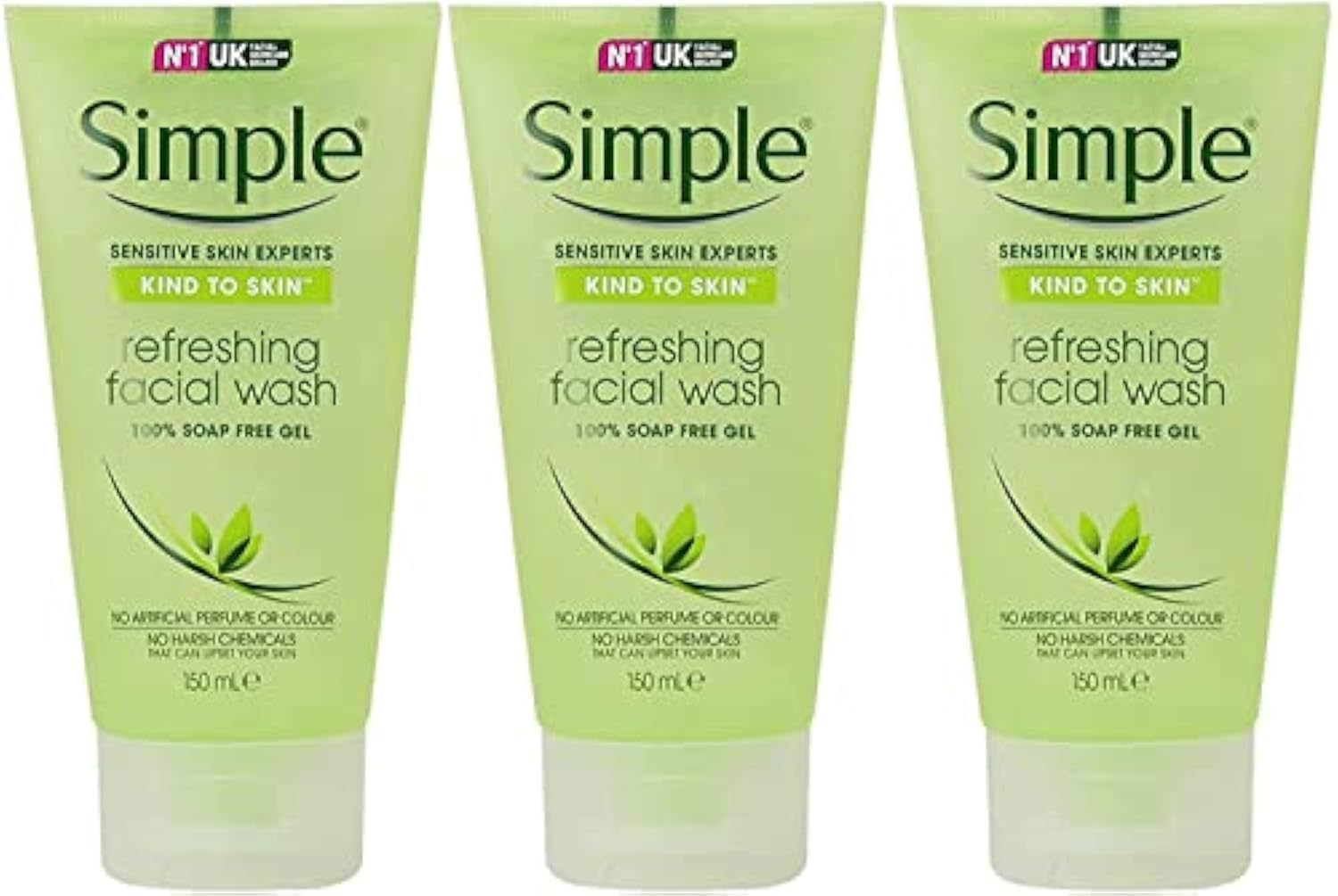 Simple Refreshing Facial Gel Wash tube shows gentle cleanse for sensitive skin.