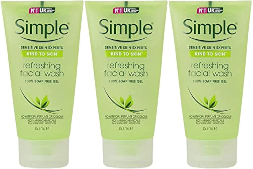 Simple Refreshing Facial Gel Wash tube shows gentle cleanse for sensitive skin.