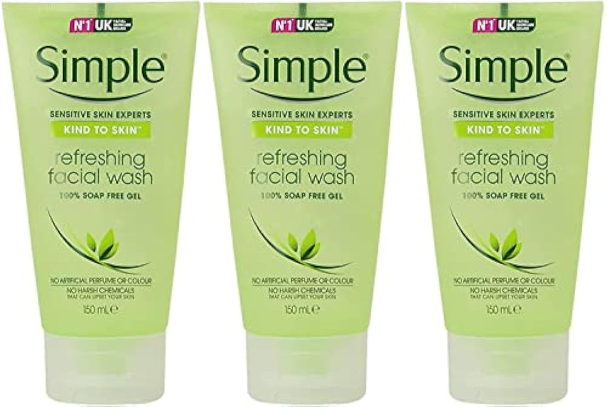 Simple Refreshing Facial Gel Wash tube shows gentle cleanse for sensitive skin.