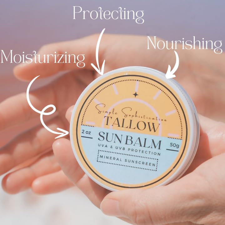 Simple Sophistication Tallow Sun Balm at the beach highlighting reef-safe protection
