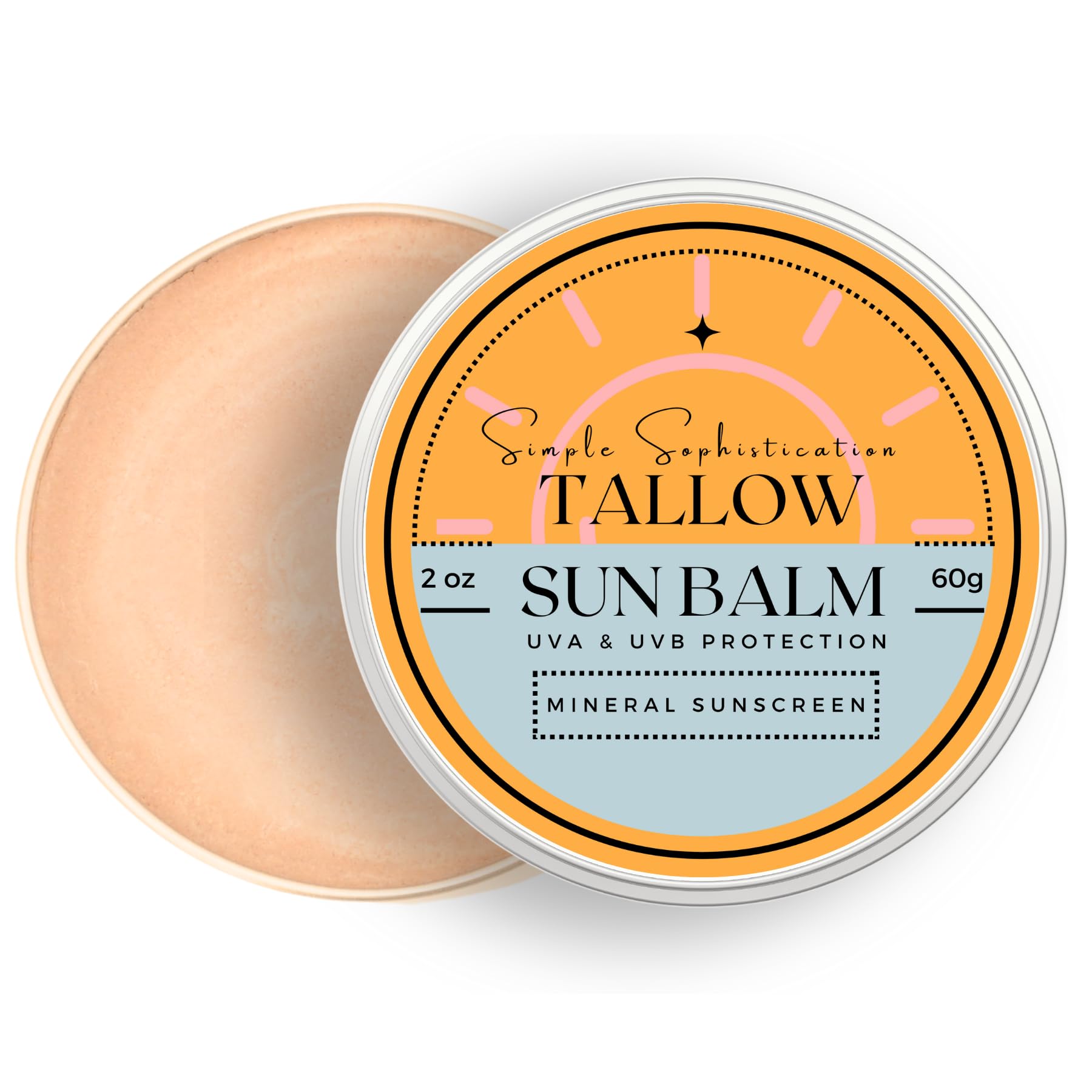 Simple Sophistication Tallow Sun Balm tinted packaging: reef-safe sunscreen design