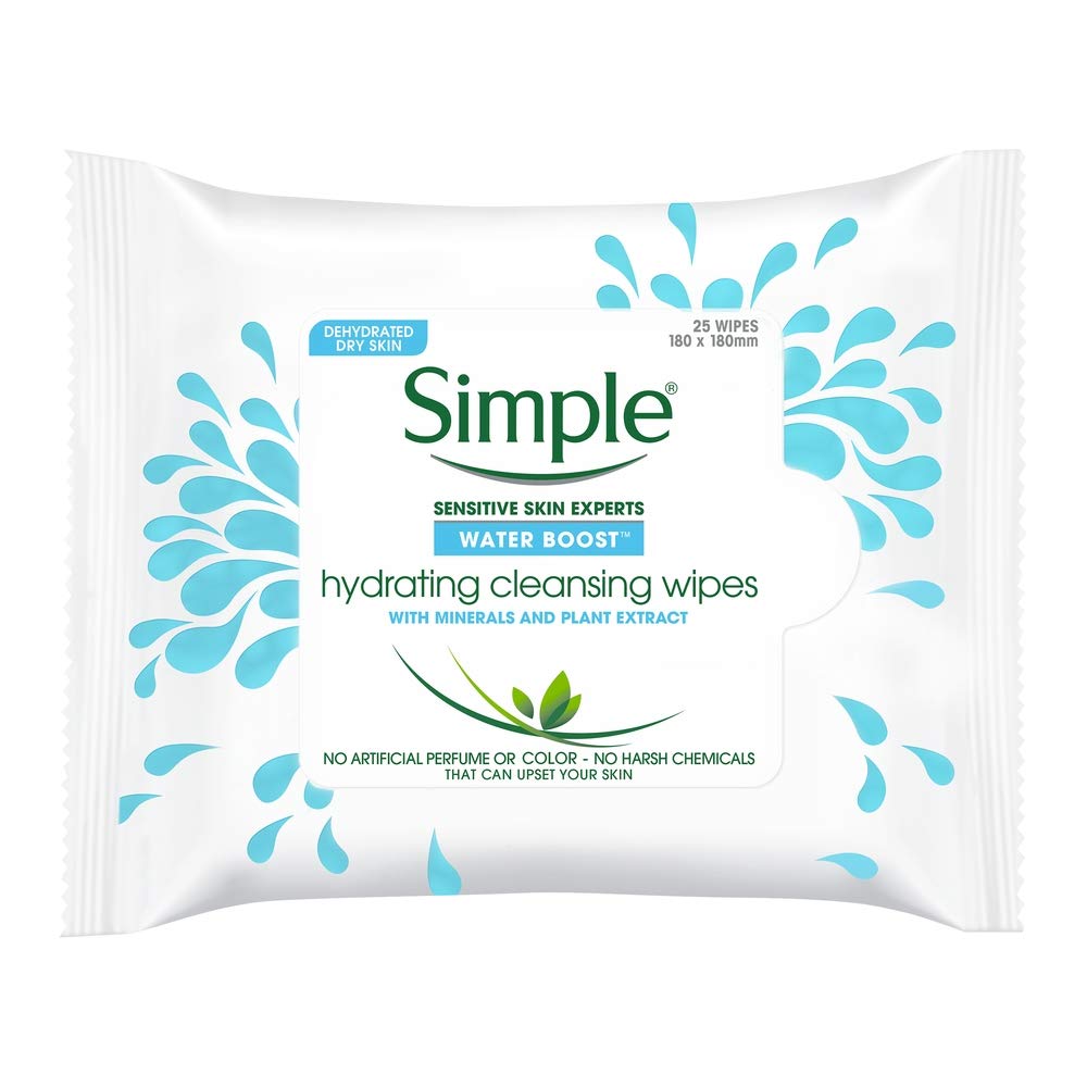 Simple Water Boost cleansing wipes pack for hydrating makeup removal and quick refresh