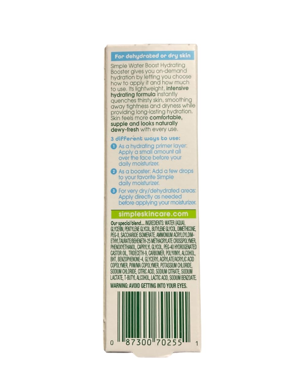 Simple Water Boost Hydrating Booster ingredients label shown for transparency and gentle care.