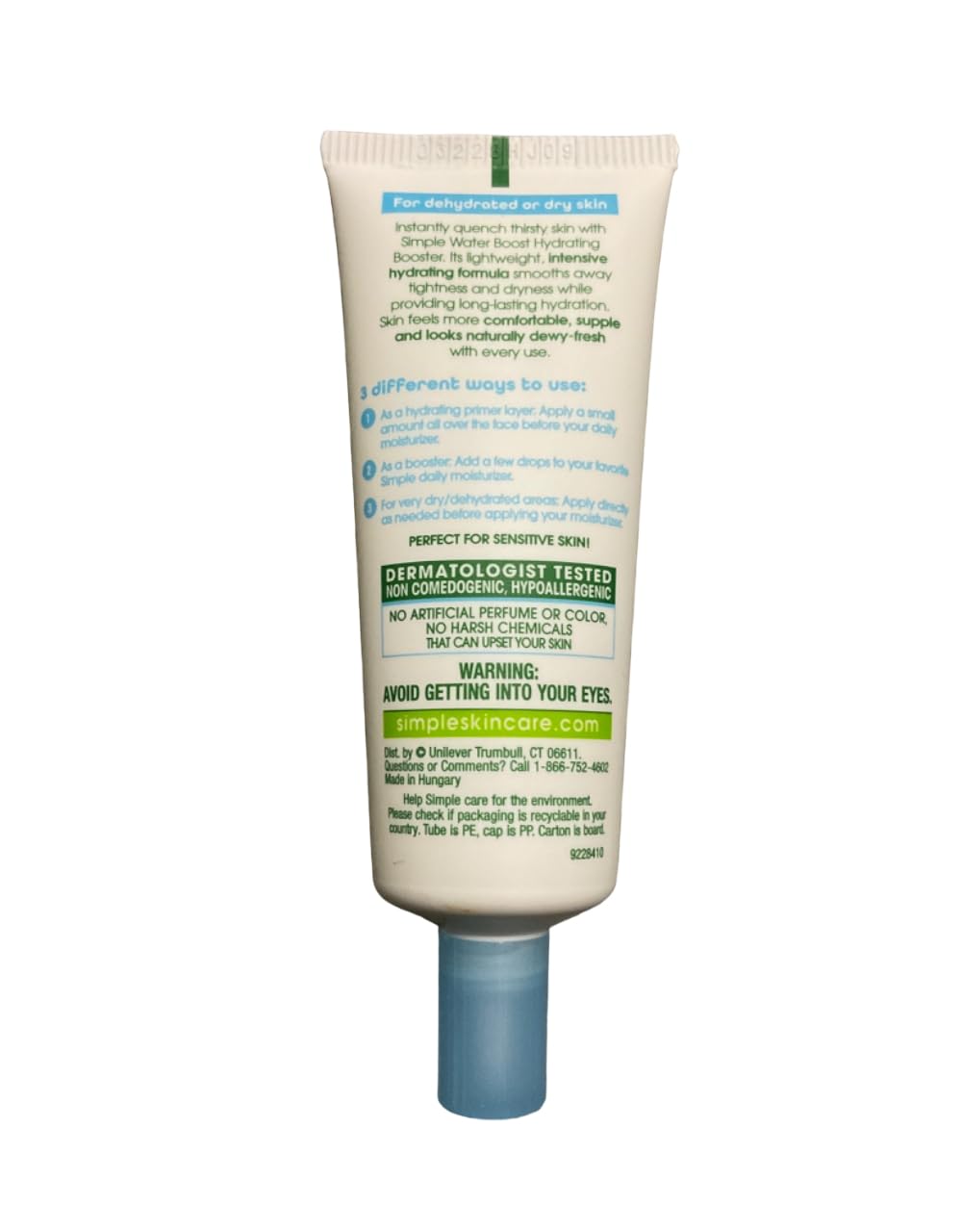 Simple Water Boost Hydrating Booster close-up swatch demonstrating compact travel-friendly packaging.