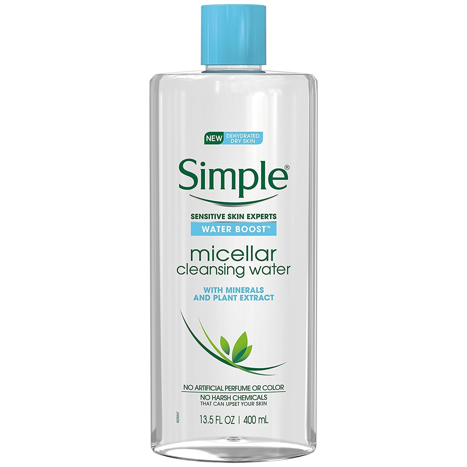 Simple Water Boost Micellar Cleansing Water bottle highlights hydrating formula for sensitive skin.