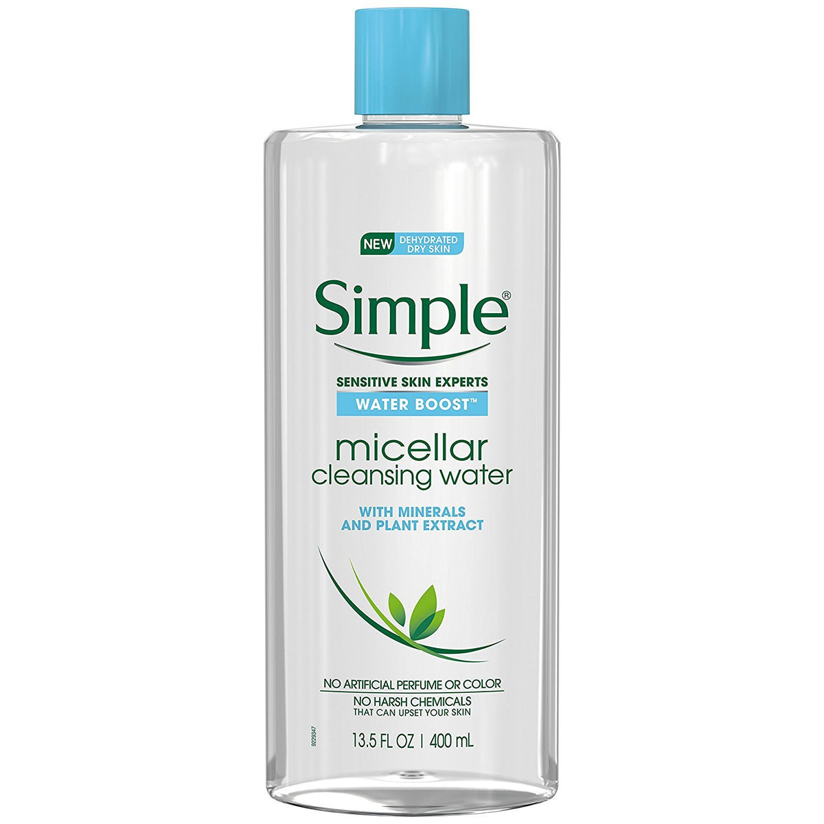 Simple Water Boost Micellar Cleansing Water bottle highlights hydrating formula for sensitive skin.