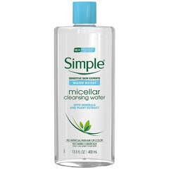 Simple Water Boost Micellar Cleansing Water bottle highlights hydrating formula for sensitive skin.