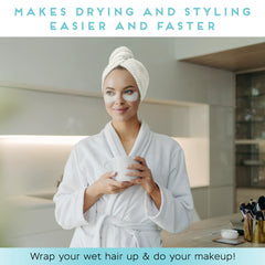 SimpleField ivory microfiber towel wrap in action for fast hair drying