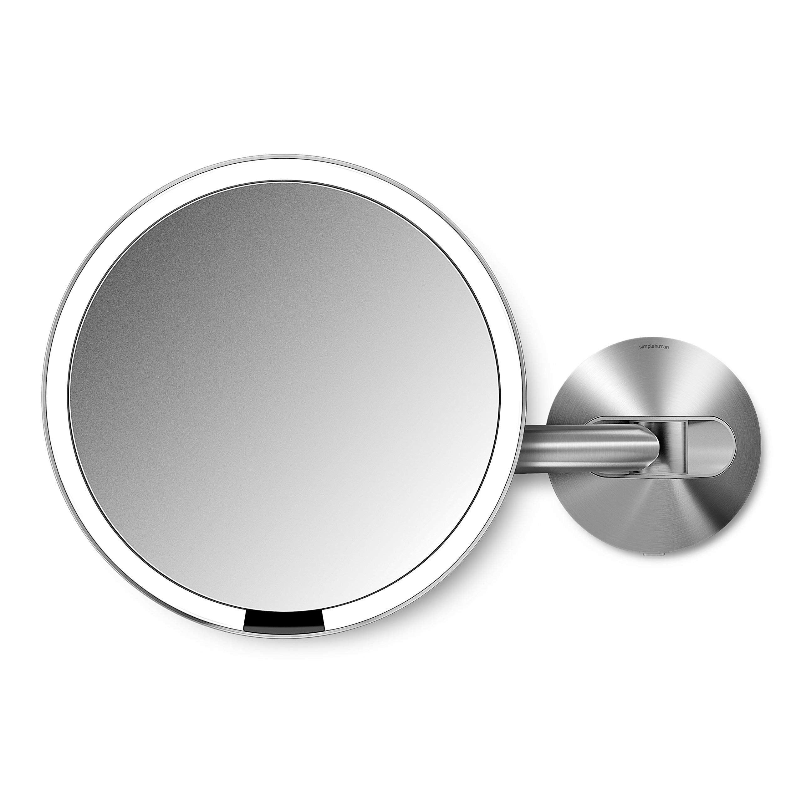 Simplehuman brushed 8-inch mirror showing face-on view with even lighting for makeup accuracy.
