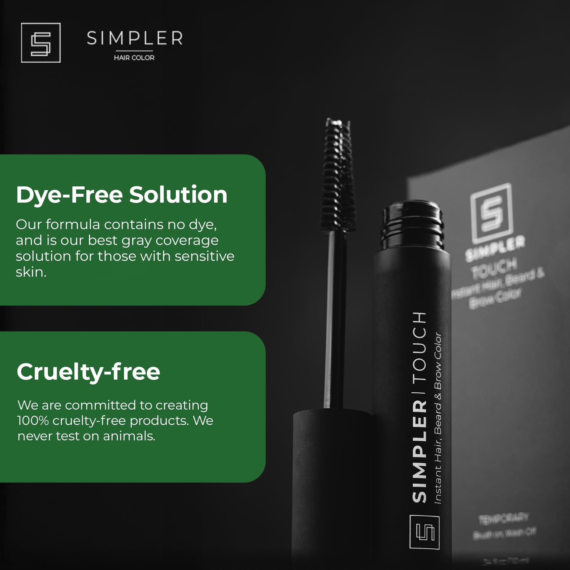 Simpler Hair Color before-and-after imagery shows gradual gray coverage.
