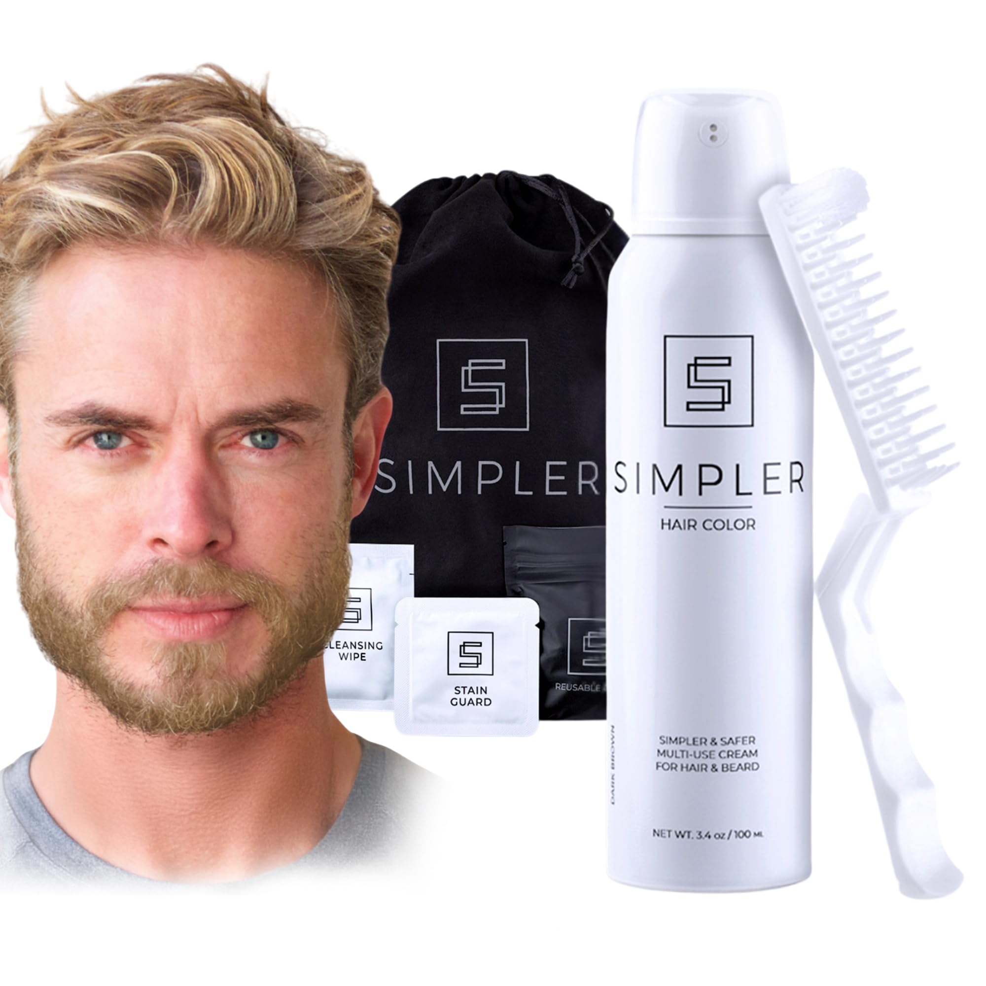 SIMPLER HAIR COLOR men's kit unboxing showing easy-to-use dye bottle for effortless application