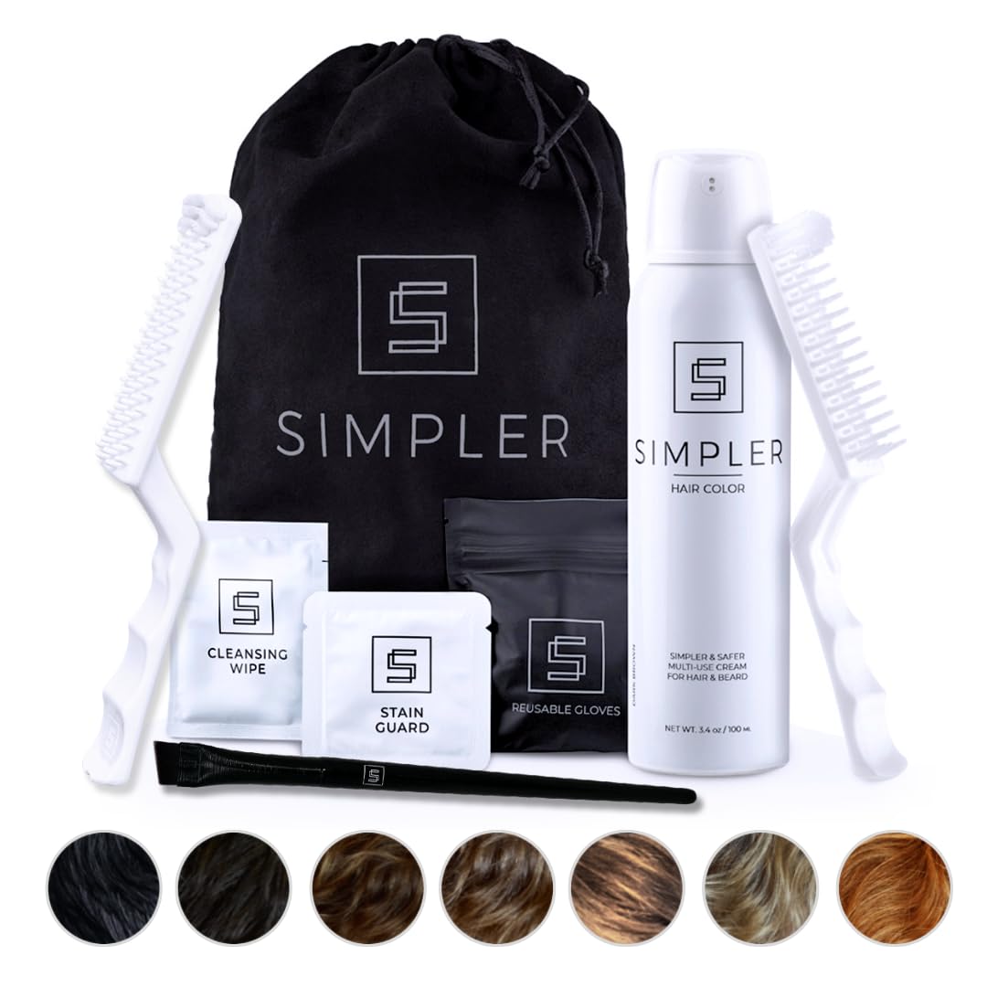 SIMPLER HAIR COLOR packaging shows natural-black brush kit for at-home color
