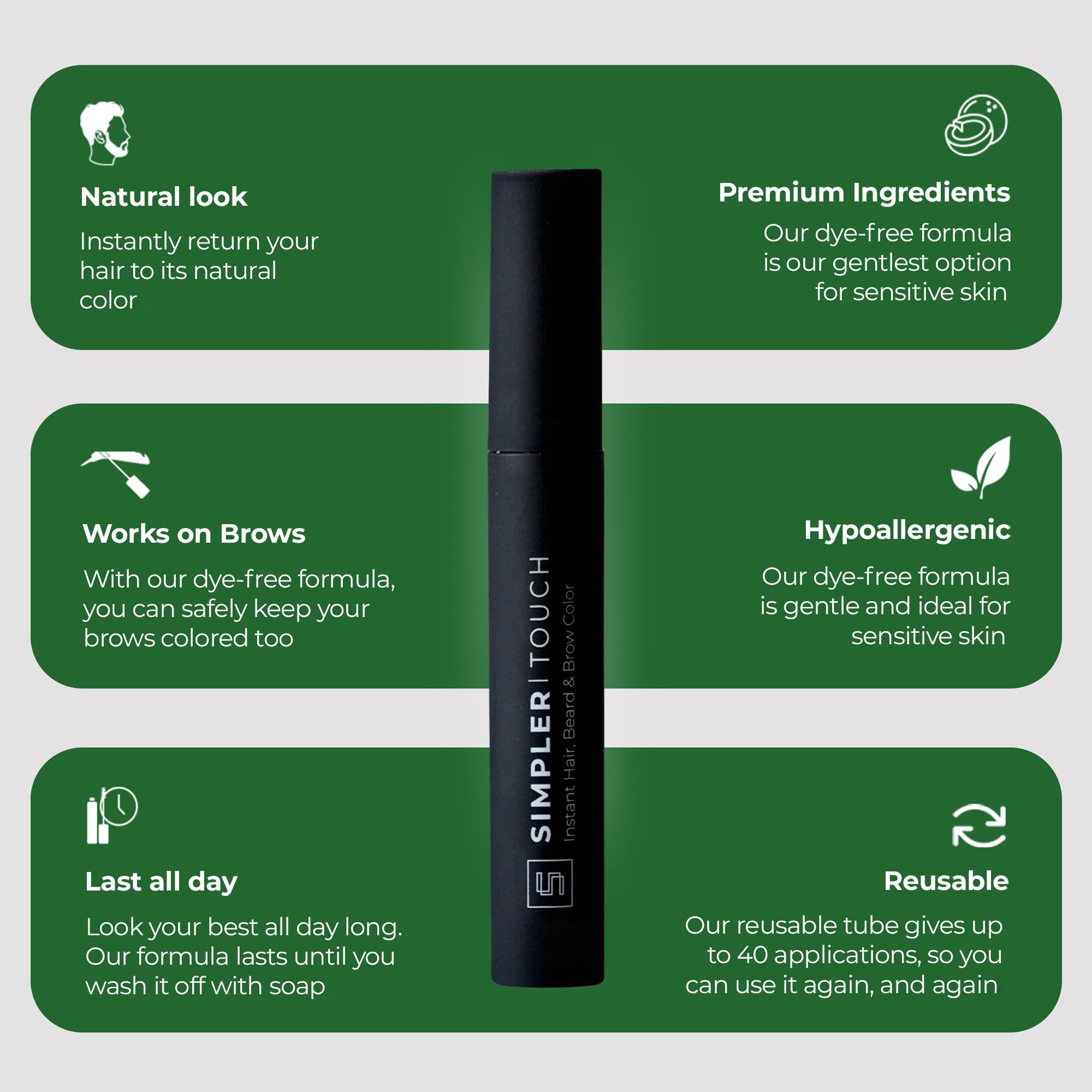 Simpler Hair Color waterproof formula delivers long-lasting beard coverage.