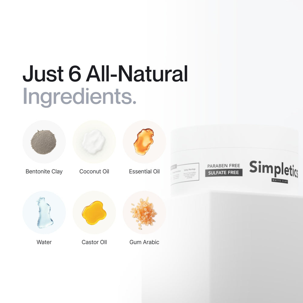 Simpletics Hair Clay beeswax hold closeup demonstrates durable, flexible hold.