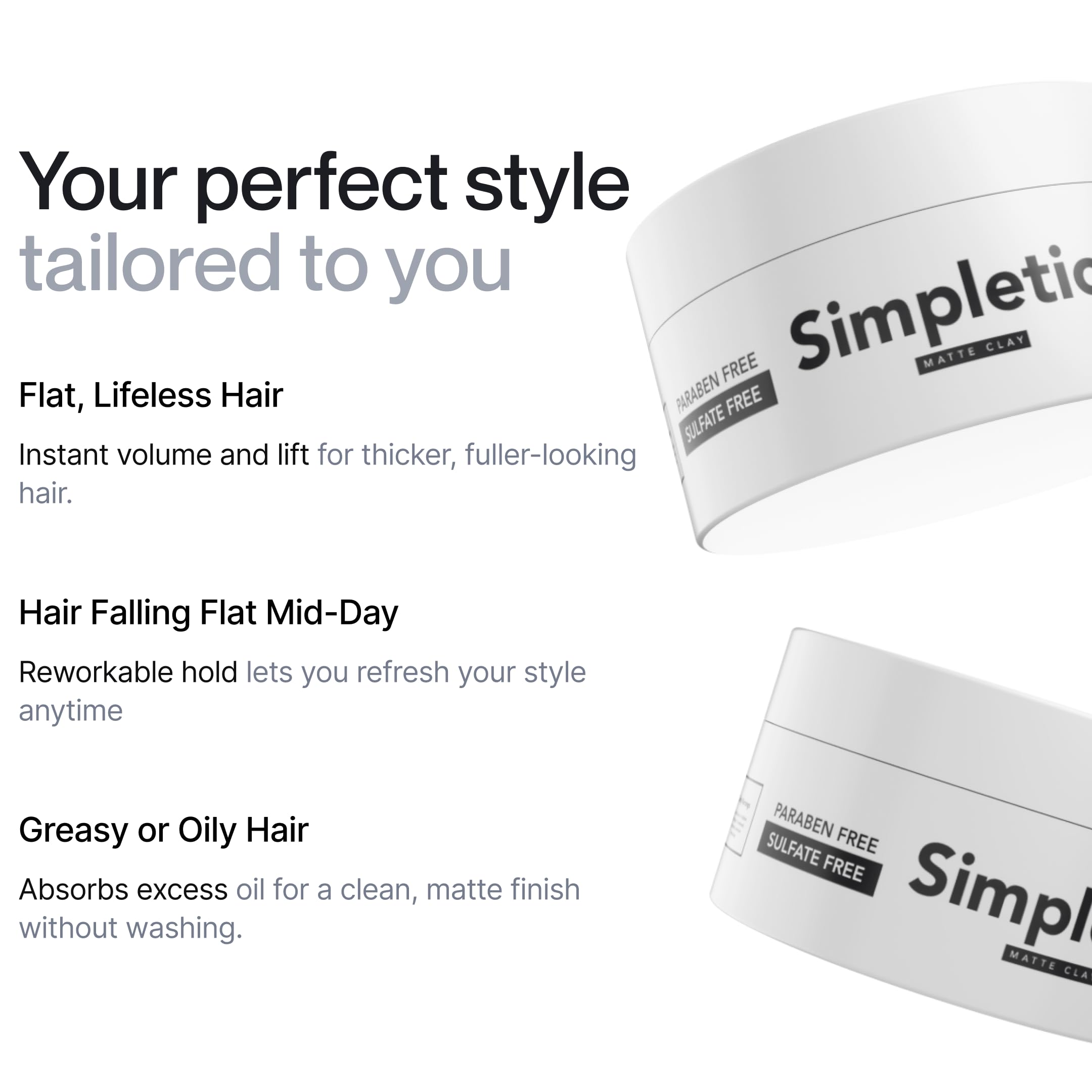 Simpletics Hair Clay Bentonite clay closeup conveys structure and natural-looking lift.
