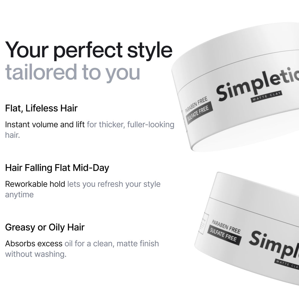 Simpletics Hair Clay Bentonite clay closeup conveys structure and natural-looking lift.