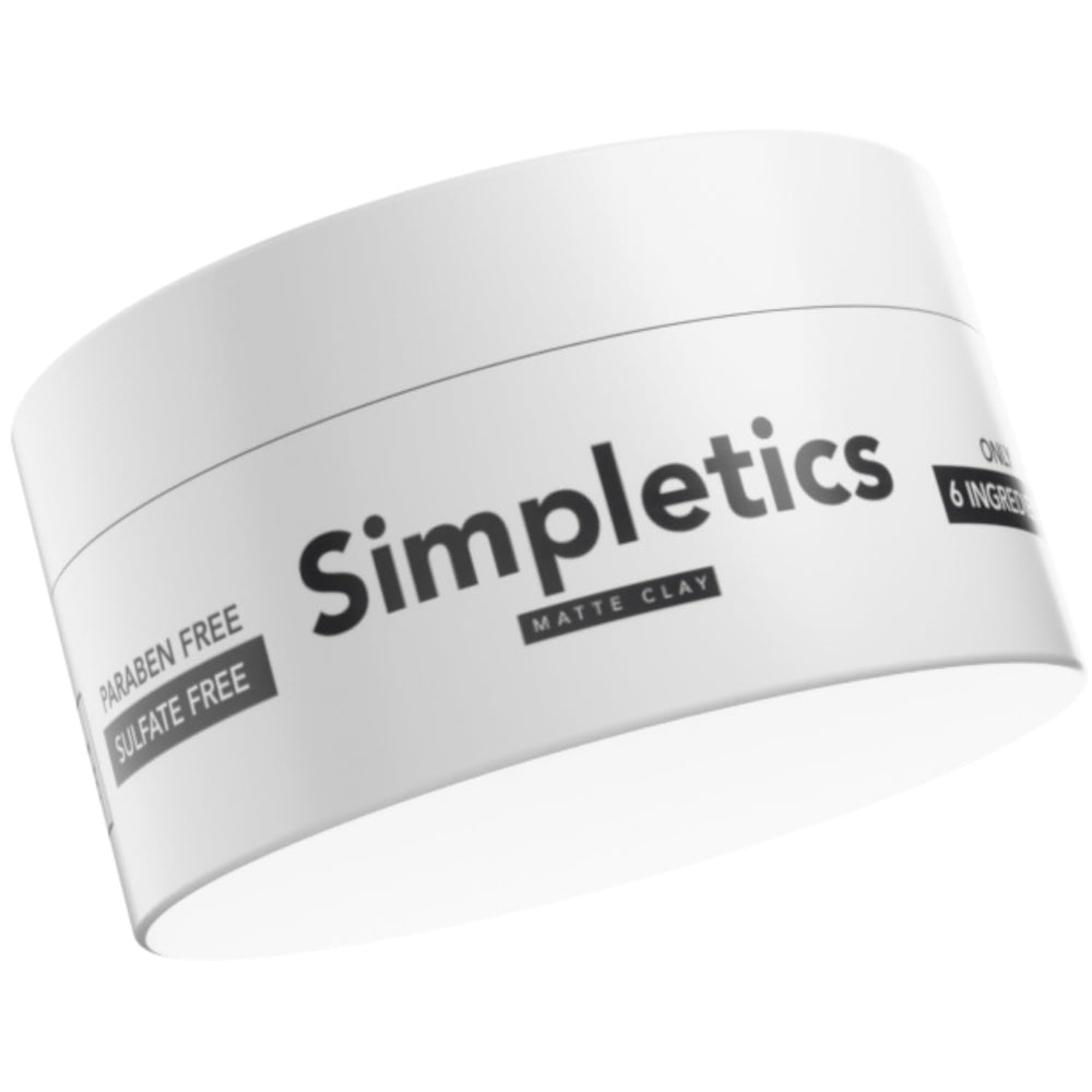 Simpletics Hair Clay Vanilla bottle closeup highlights clean ingredients for matte styling.