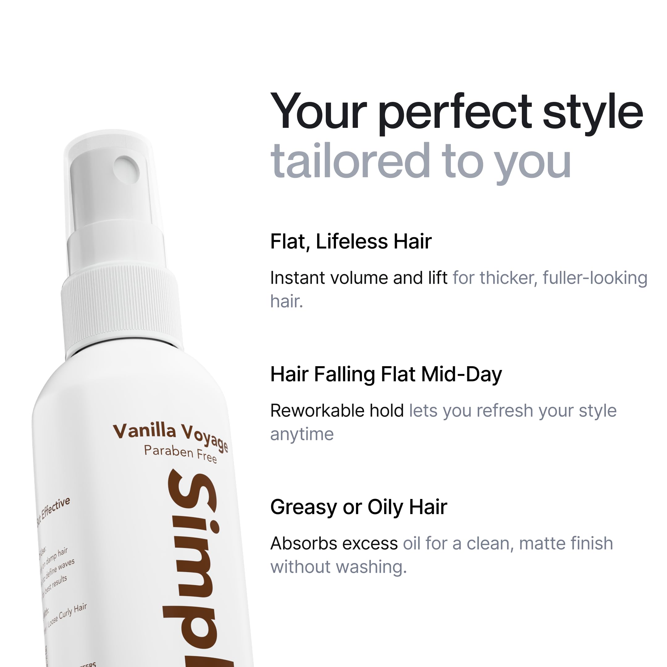 Hands spraying Simpletics spray on hair for effortless texture.