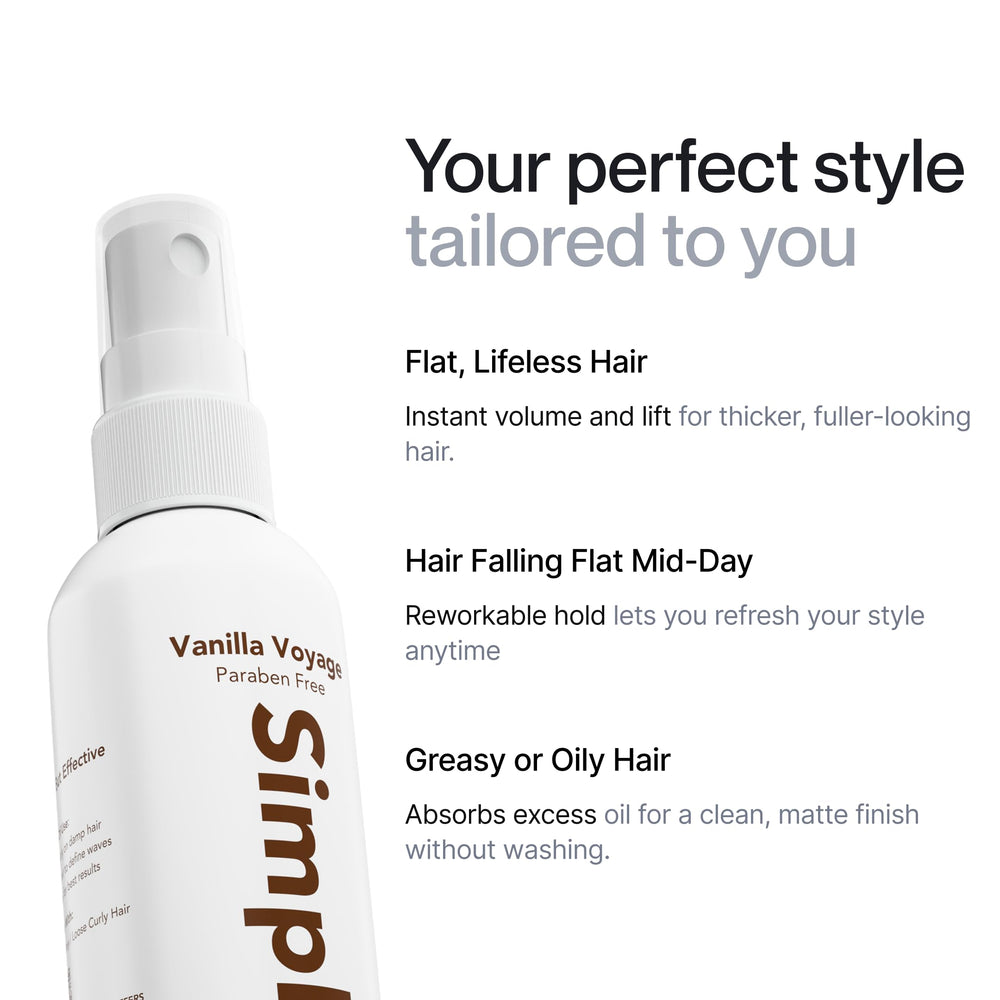 Hands spraying Simpletics spray on hair for effortless texture.