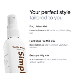 Hands spraying Simpletics spray on hair for effortless texture.